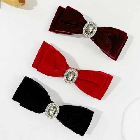 French Vintage Velvet Bow Hair Clip For Women Elegant Large Ribbon Hairpin With Rhinestone Artificial Pearl Accessory