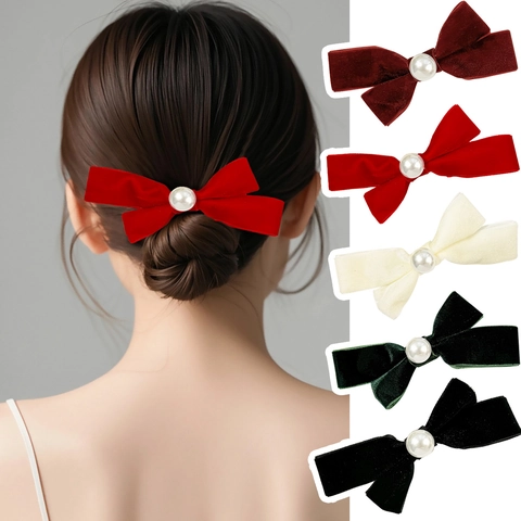 French Vintage Velvet Bow Hair Clip With Large Artificial Pearl Elegant Solid Color Duckbill Clip For Women Girls Hair Accessories