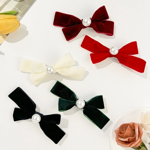 French Vintage Velvet Bow Hair Clip With Large Artificial Pearl Elegant Solid Color Duckbill Clip For Women Girls Hair Accessories