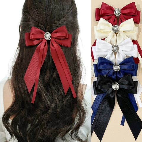 Großer Satinband Schleifen Haarclip Für Damen Französisch Elegant Lange Bänder Doppellagig Strass Zentrum Schnabelspange Haarschmuck