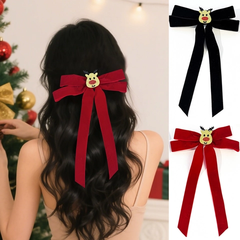 Fermaglio per Capelli Fiocco in Velluto Natalizio Con Renna Glitter Dorato Lunghe Serpentine Dolce Accessori Capelli per Donna Ragazza