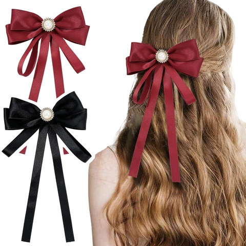 Elegante Pinza para el Cabello con Lazo de Satinado y Cintas Largas Perla Artificial Strass Decoración Accesorios para el Cabello Vintage