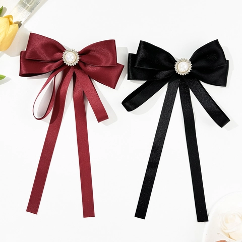 Elegante Pinza para el Cabello con Lazo de Satinado y Cintas Largas Perla Artificial Strass Decoración Accesorios para el Cabello Vintage
