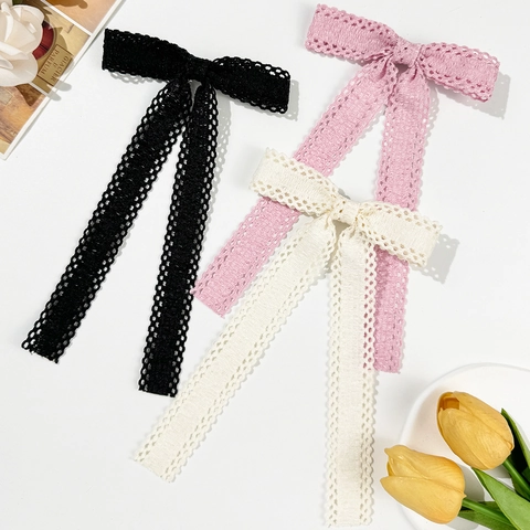 Vintage Lace Bow Streamer Hair Clip For Women Sweet Hollow Ribbon Bowknot Alligator Clip French Style Hair Accessories