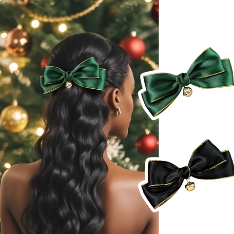 Fermaglio per Capelli a Fiocco in Raso di Natale Fatto a Mano Con Bordo Dorato Campana in Metallo per Donna Accessorio per Feste