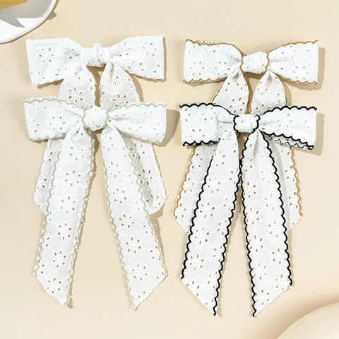 Französischer Vintage Weißer Spitze Schleifen Haarclip Lange Band Handmade Hohlfloral Stickerei Schnabelclip Für Damen Haarschmuck