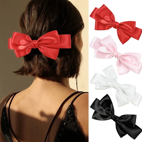 Large Three Layer Satin Ribbon Bow Hair Clip For Women French Style Elegant Princess Hair Accessory Solid Color Spring Clip