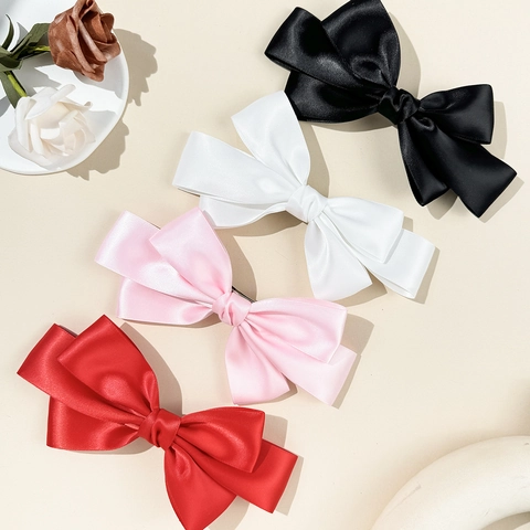 Large Three Layer Satin Ribbon Bow Hair Clip For Women French Style Elegant Princess Hair Accessory Solid Color Spring Clip