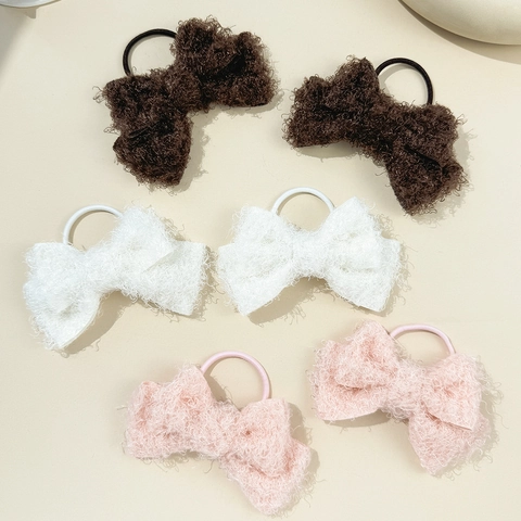 Cute Plush Bow Hair Ties Soft Woolen Yarn Bowknot Elastic Ponytail Holder Sweet Autumn Winter Headwear For Women Girls