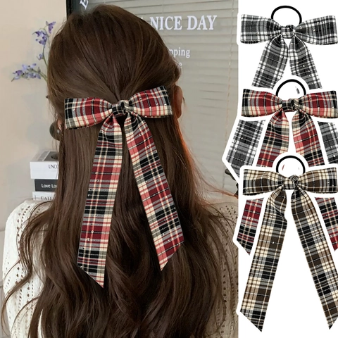 Retro Academy Style Plaid Bow Hair Tie Ribbon Scrunchie For Women Rhinestone Embellished Ponytail Holder Hair Accessories