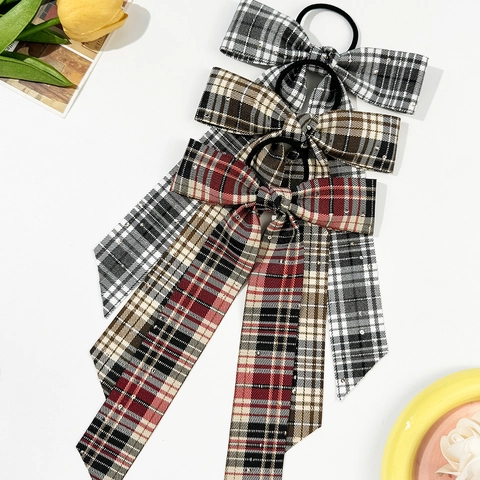Retro Academy Style Plaid Bow Hair Tie Ribbon Scrunchie For Women Rhinestone Embellished Ponytail Holder Hair Accessories