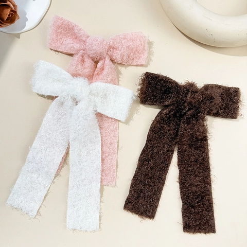 Elegante Pasador de Pelo con Lazo de Felpa y Cinta Larga Dulce Horquilla de Hilo Rizado Teddy para Mujer Invierno