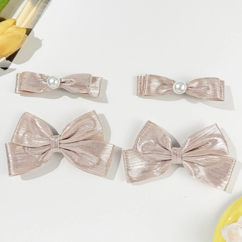 Clips de Pelo con Lazo de Champaña Brillante de Estilo Coreano para Mujer Horquillas de Cinta de Tela Elegantes Perlas Artificiales