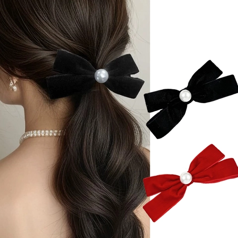 Fermaglio per Capelli con Fiocco in Velluto Vintage con Perla Artificiale Stile Francese Clip a Becco d'Anatra Gioielli Donna