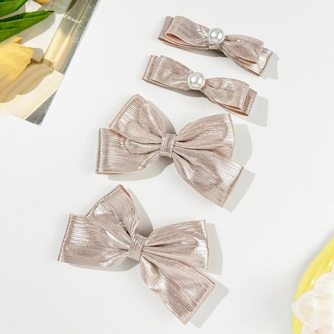 Clips de Pelo con Lazo de Champaña Brillante de Estilo Coreano para Mujer Horquillas de Cinta de Tela Elegantes Perlas Artificiales