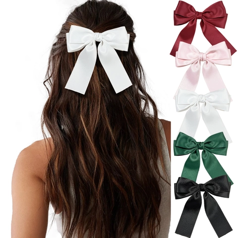 Large Satin Ribbon Bow Hair Clip For Women Sweet Elegant Solid Color Long Streamer Duckbill Clip Korean Hair Accessories