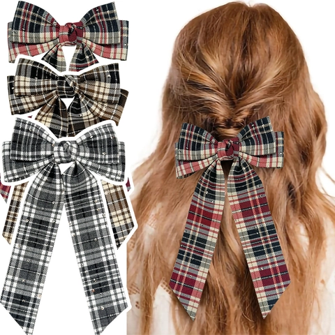 Fermaglio per Capelli con Fiocco Scozzese Retro Britannico Con Nastri Lunghi Stile Preppy Fettuccia Strass Molla Capelli Donna