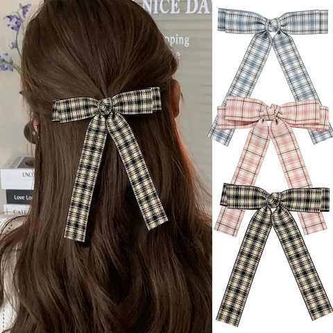 Barrette à Nœud en Ruban Écossais Style Académique Avec Longs Rubans pour Femmes Douce Pince à Cheveux Accessoires de Coiffure