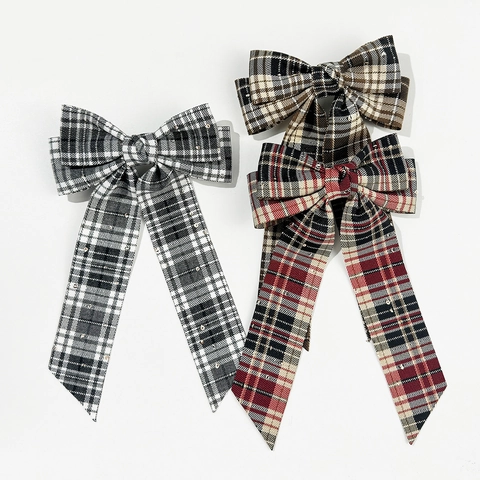 Fermaglio per Capelli con Fiocco Scozzese Retro Britannico Con Nastri Lunghi Stile Preppy Fettuccia Strass Molla Capelli Donna