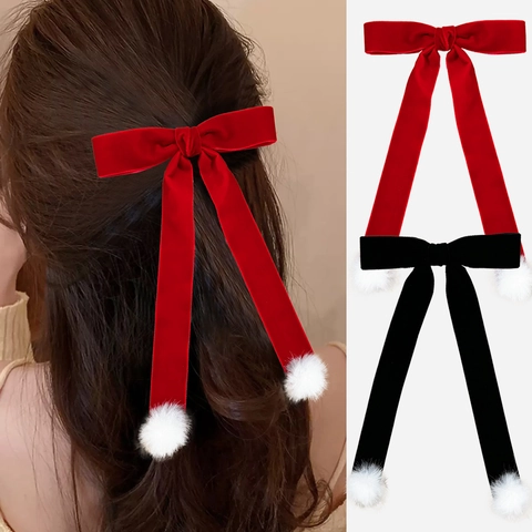 Pinza para el Cabello con Lazo de Terciopelo para Mujer Elegante Horquilla de Cinta Larga con Pompones de Piel Sintética Blanca