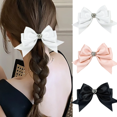 Korean Style Satin Bow Hair Clip With Heart Rhinestone Sweet Elegant Ribbon Hairpin For Women Daily Party Hair Accessories