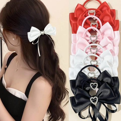 Lacci per Capelli con Fiocco in Nastro di Raso Balletcore con Strass a Cuore Stile Dolce Accessori Moda Coreani per Donna Ragazza