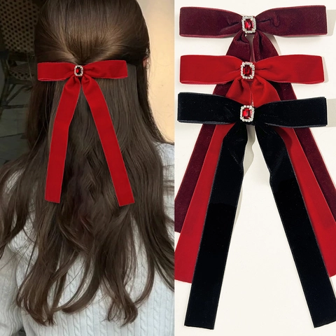 Barrette Cheveux Nœud Papillon Long Ruban en Velours pour Femme Rétro Élégant Strass Rouge Noir Style Français Accessoire Cheveux