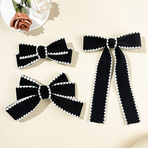 Pinza para el Pelo con Lazo de Tela Negra Vintage Con Ribete de Encaje Festoneado Blanco Elegante Tocado para Mujer