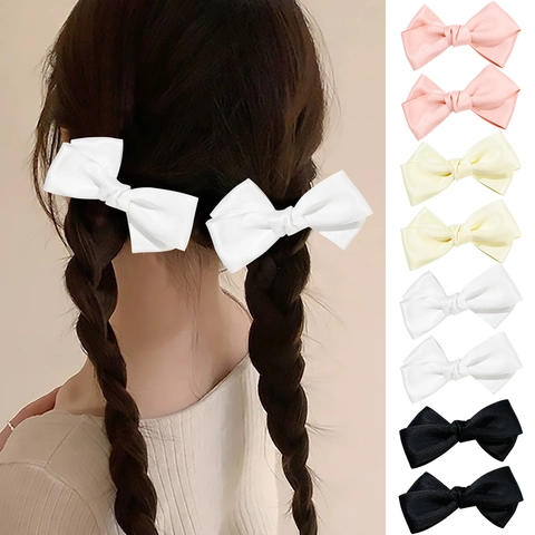 Satin Ribbon Bow Hair Clip For Women Sweet Elegant Solid Color Side Hairpin Handmade Headwear Hair Accessories Daily Jewelry