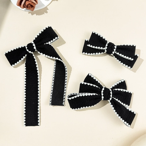 Pinza para el Pelo con Lazo de Tela Negra Vintage Con Ribete de Encaje Festoneado Blanco Elegante Tocado para Mujer