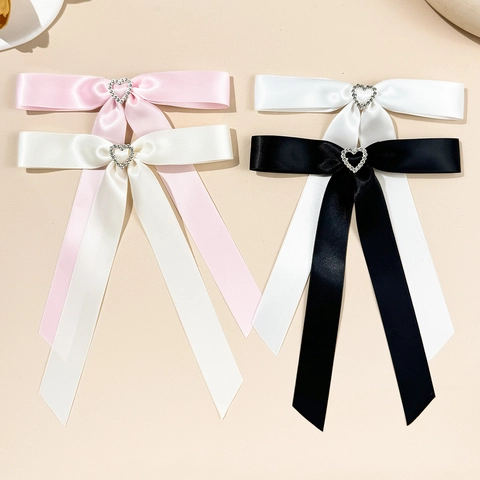 Süße Satin Schleife Haarklammer Mit Strass Herz Lange Streamer Entenschnabelklemme Für Damen Mädchen Haarschmuck