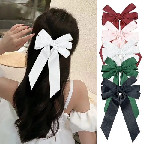 Elegant Satin Bow Streamer Hair Clip For Women Double Layer Long Ribbon Hair Accessory Decorative Back Head Hairpin