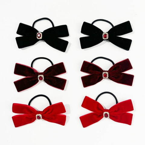 Elastici per Capelli a Fiocco in Velluto Vintage Con Gemma Rossa Rettangolare e Bordi in Strass Eleganti Scrunchies Fatti a Mano Donna