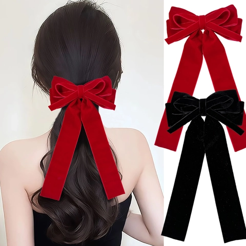 Fermaglio per Capelli Vintage in Velluto con Fiocco e Nastri Lunghi per Donna Elegante Stile Francese Doppio Strato Accessorio
