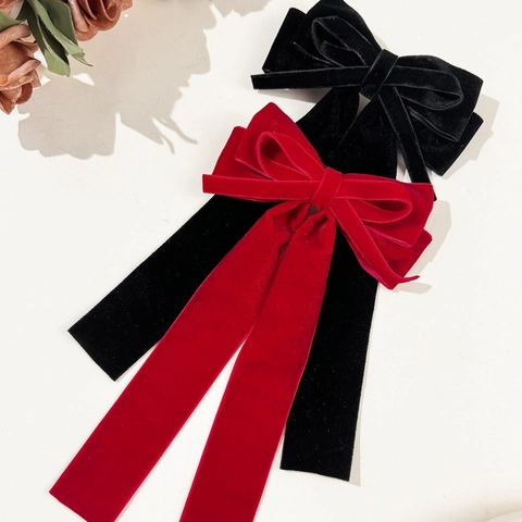 Fermaglio per Capelli Vintage in Velluto con Fiocco e Nastri Lunghi per Donna Elegante Stile Francese Doppio Strato Accessorio