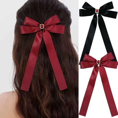Elegante Fermaglio per Capelli con Fiocco in Satin con Pietra Rossa Strass Lungo Nastro Donna Accessori per Capelli