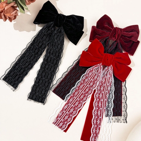 Vintage Samt Schleife Haarspange Mit Langen Spitzenbändern Elegante Französische Federclip Für Damen Hochzeit Haarschmuck