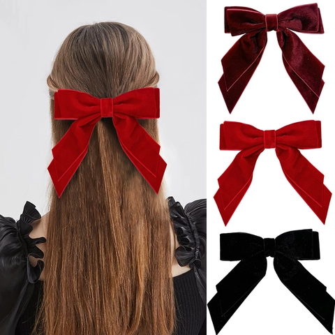Pinza para el Cabello de Lazo de Terciopelo Francés Retro con Cintas Largas Doble Capa Clip de Resorte Mujer Accesorios