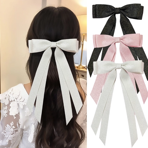 Eleganter Großer Doppellagiger Schleifen Haarspange Mit Langen Bändern Fischgrätenmuster Entenschnabel-Clip Für Damen Hochzeitsfeier Haarschmuck