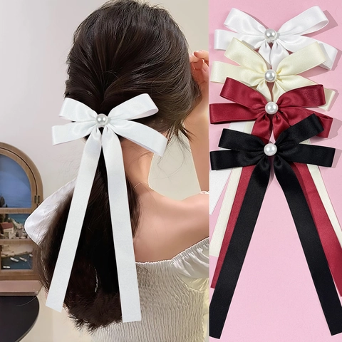 Fermaglio per Capelli Fiocco in Raso Balletcore Con Perla Artificial Elegante Nastro Lungo Becco d'Anatra per Donna Sposa Accessori