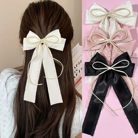 Eleganter Satinband Schleife Haartropfen Clip Für Damen Ballettstil Plissierte Kante Langer Quasten Haarnadel Modeschmuck