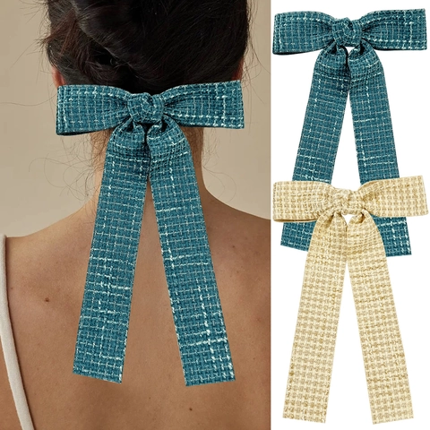 Vintage Tweed Schleife Haarspange Elegante Stoff Schleifen-Haarnadel Mit Langem Streamer Retro Haar Accessoire Für Damen