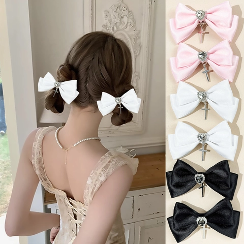Handmade Satin Ribbon Bow Hair Clips With Heart Rhinestone Silver Cross Pendant Sweet Lolita Hair Accessories For Women Girls