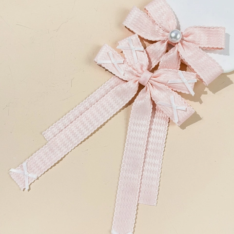Pinza para el Pelo con Lazo Rosa Dulce para Mujer Niña Estilo Coreano Patrón Pata de Gallo Horquilla Larga con Perla Artificial