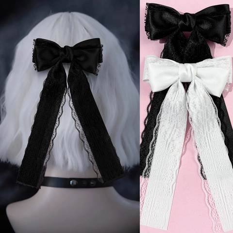 Gothic Spitze Schleife Bänder Haarklammer Süßes Satinband Lange Quasten Federclip Für Damen Lolita Haarschmuck