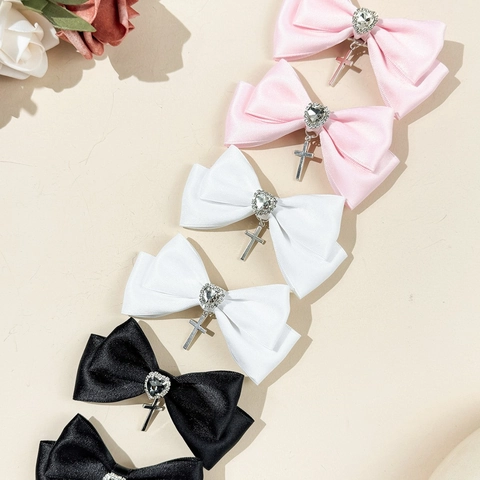 Handmade Satin Ribbon Bow Hair Clips With Heart Rhinestone Silver Cross Pendant Sweet Lolita Hair Accessories For Women Girls