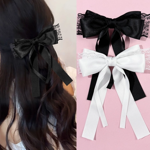 Pinza para el Cabello Con Lazo de Cinta de Rasó de Estilo Coreano Con Ribete de Encaje y Cinta Larga Elegante para Mujer