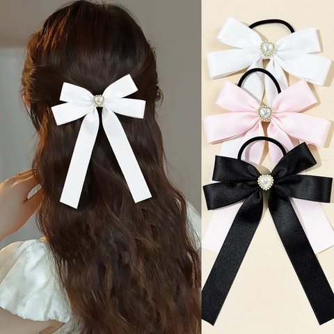 Koreanischer Stil Satin Schleife Haargummi Herz Künstliche Perle Strass Band Ponytail Scrunchie Süßes Haar Accessoire