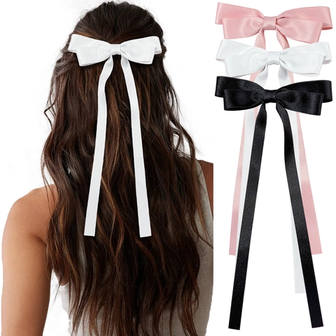 Elegante Pinza para el Cabello con Lazo de Satén y Cinta Larga Clip de Pico de Pato Accesorios para el Cabello Dulce para Mujer