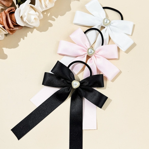 Elastico per Capelli con Fiocco in Raso Stile Coreano Cuore Perla Artificiale Strass Nastro Scrunchie Accessorio Dolce